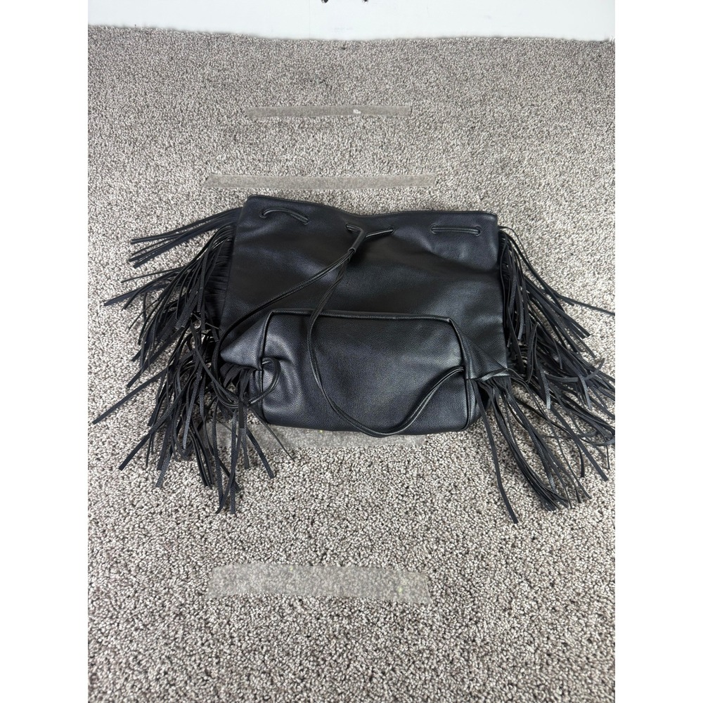 Victoria's Secret Black Faux Leather Fringed Drawstring Bucket Bag Western Boho
